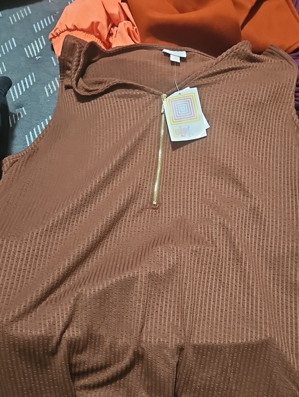 Women's LulaRoe Ribbed Sleeveless Top with Gold Zip - Brown